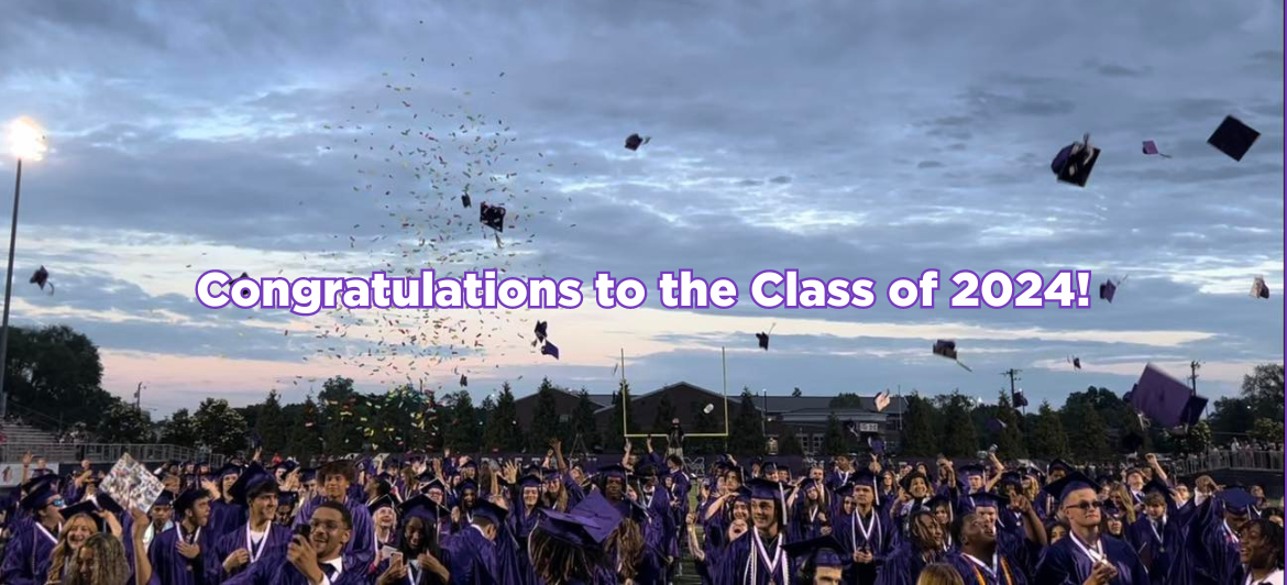 Photo from graduation showing grads throwing caps into the air. Text on screen reads "Congratualtions to the Class of 2024!"
